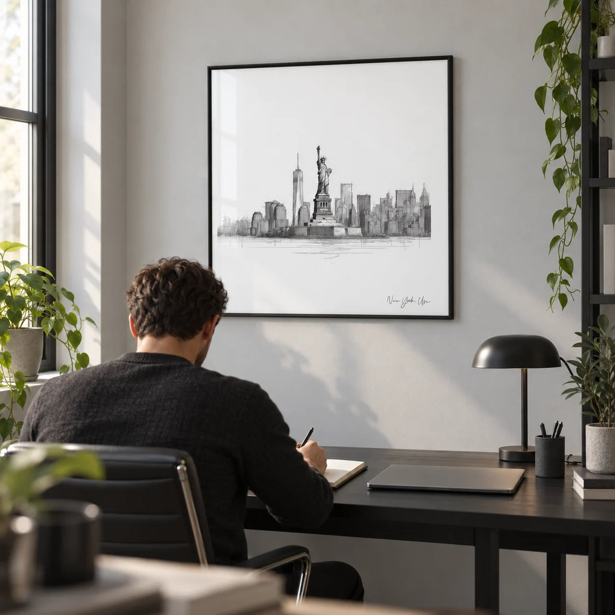 Statue of Liberty Print, framed on the wall of a smart home office with a pale grey wall