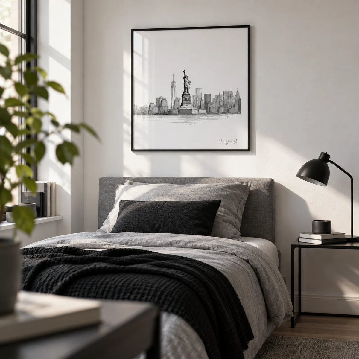 Statue of Liberty Print, framed on the wall of a stylish single bedroom for a young adult (18-25) with a white wall