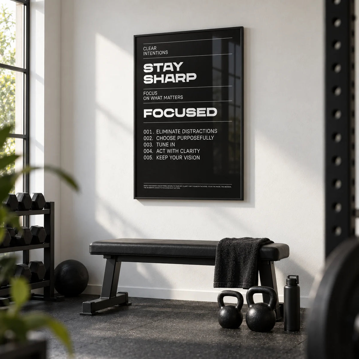 Stay Focused Poster, framed on the wall of a minimal garage gym with a white painted wall and black rubber floor