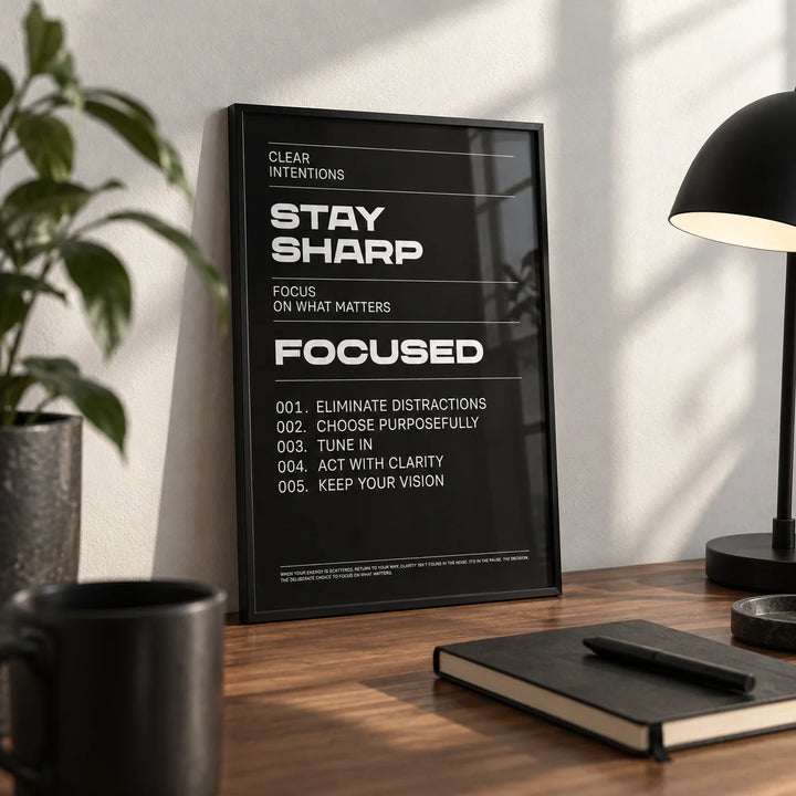 Stay Focused Poster, a small A4 framed print leaning on a walnut desk