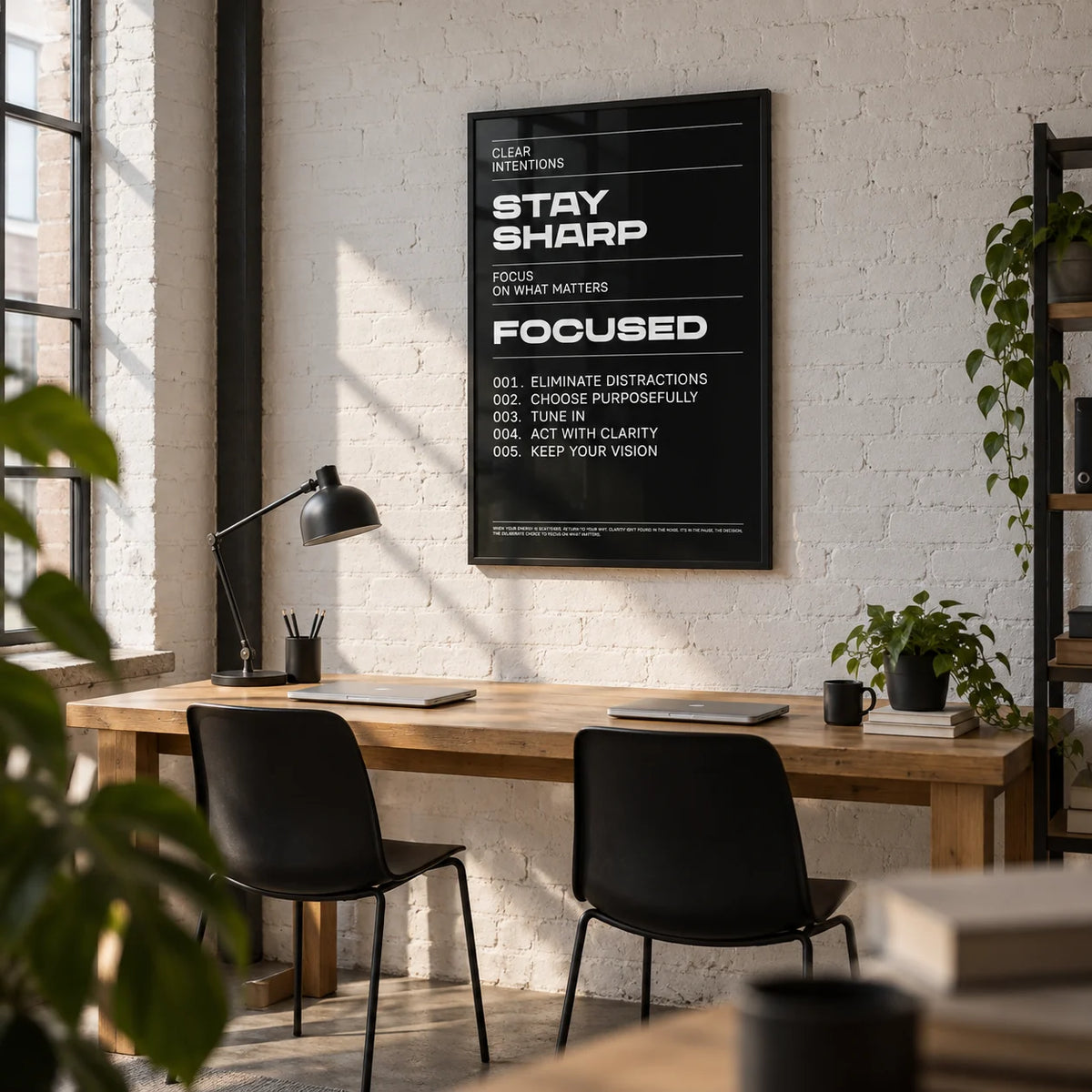 Stay Focused Poster, framed on the wall of a small start-up office in a converted warehouse with exposed brick painted white