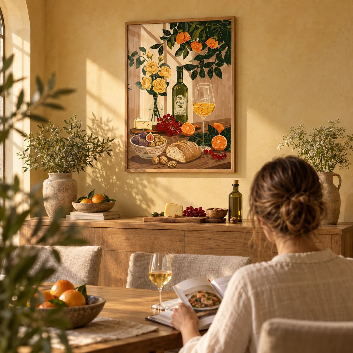 Still Life Kitchen Art, framed on the wall of a kitchen-diner with a soft golden yellow limewashed wall