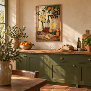 Still Life Kitchen Art, framed on the wall of a Mediterranean kitchen with warm limewashed plaster walls and a plain terracotta floor