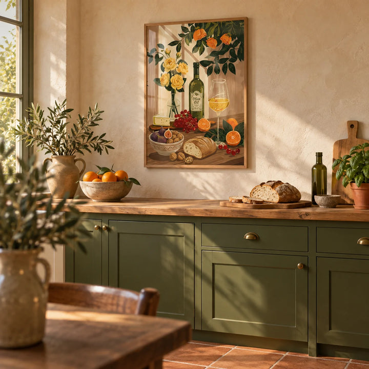 Still Life Kitchen Art, framed on the wall of a Mediterranean kitchen with warm limewashed plaster walls and a plain terracotta floor