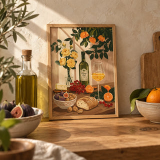Still Life Kitchen Art, a small A4 framed print leaning on a wooden worktop