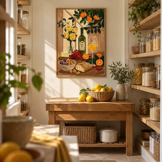 Still Life Kitchen Art, framed on the wall of a walk-in pantry with cream painted walls and open oak shelves of plain jars