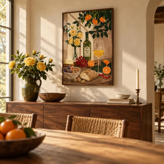 Still Life Kitchen Art, framed on the wall of a warm farmhouse dining room with a cream plaster wall