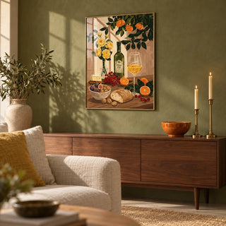 Still Life Kitchen Art, framed on the wall of a warm living room with an olive green limewashed wall