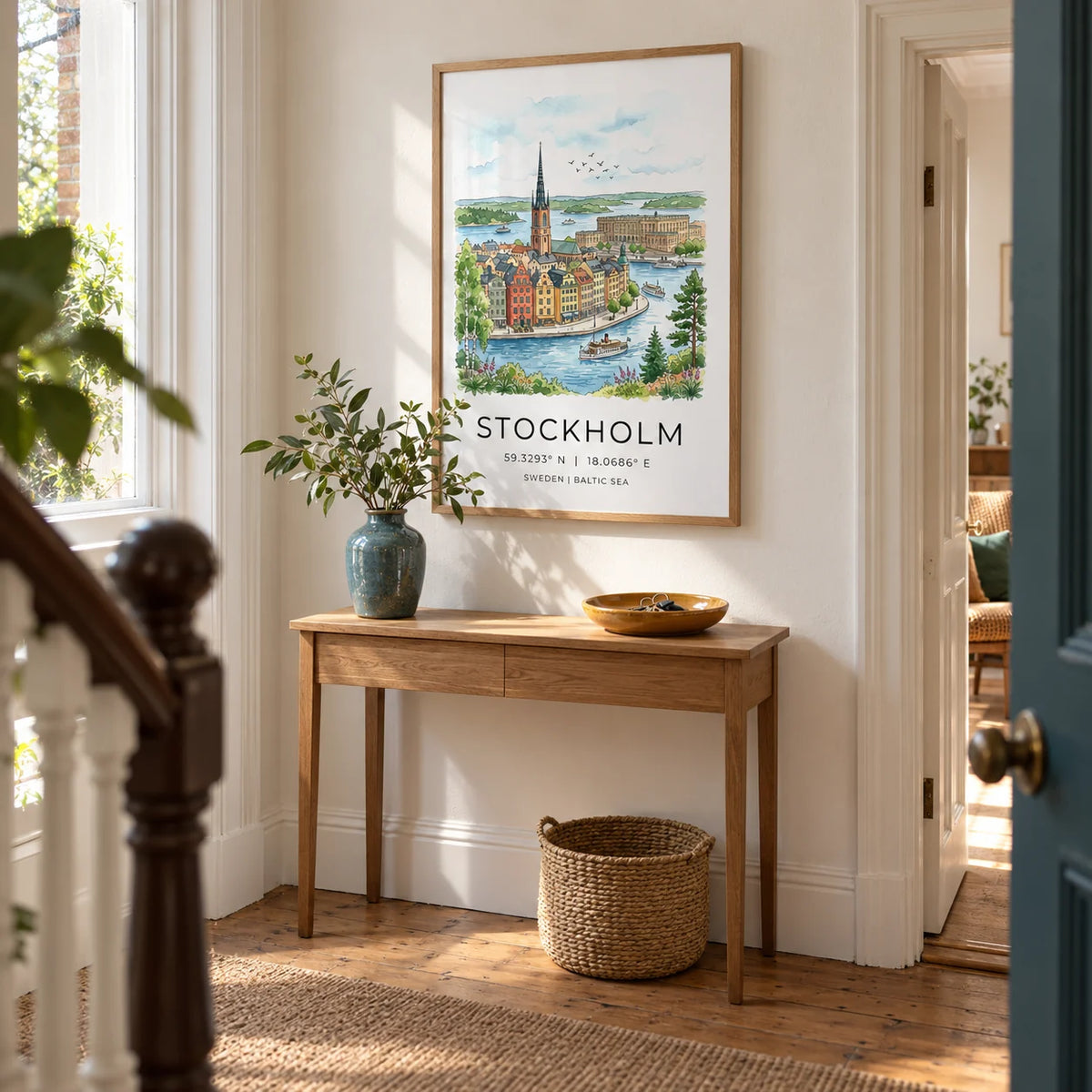 Stockholm City Art Print, framed on the wall of a bright entrance hallway in a Victorian terrace with off-white plaster walls and restored timber floorboards