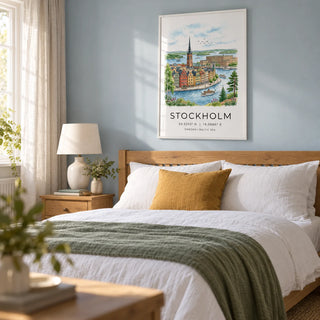 Stockholm City Art Print, framed on the wall of a calm guest bedroom in a UK family home with a pale blue wall