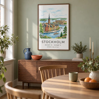 Stockholm City Art Print, framed on the wall of a compact Scandinavian dining room in a UK townhouse with a pale sage green wall