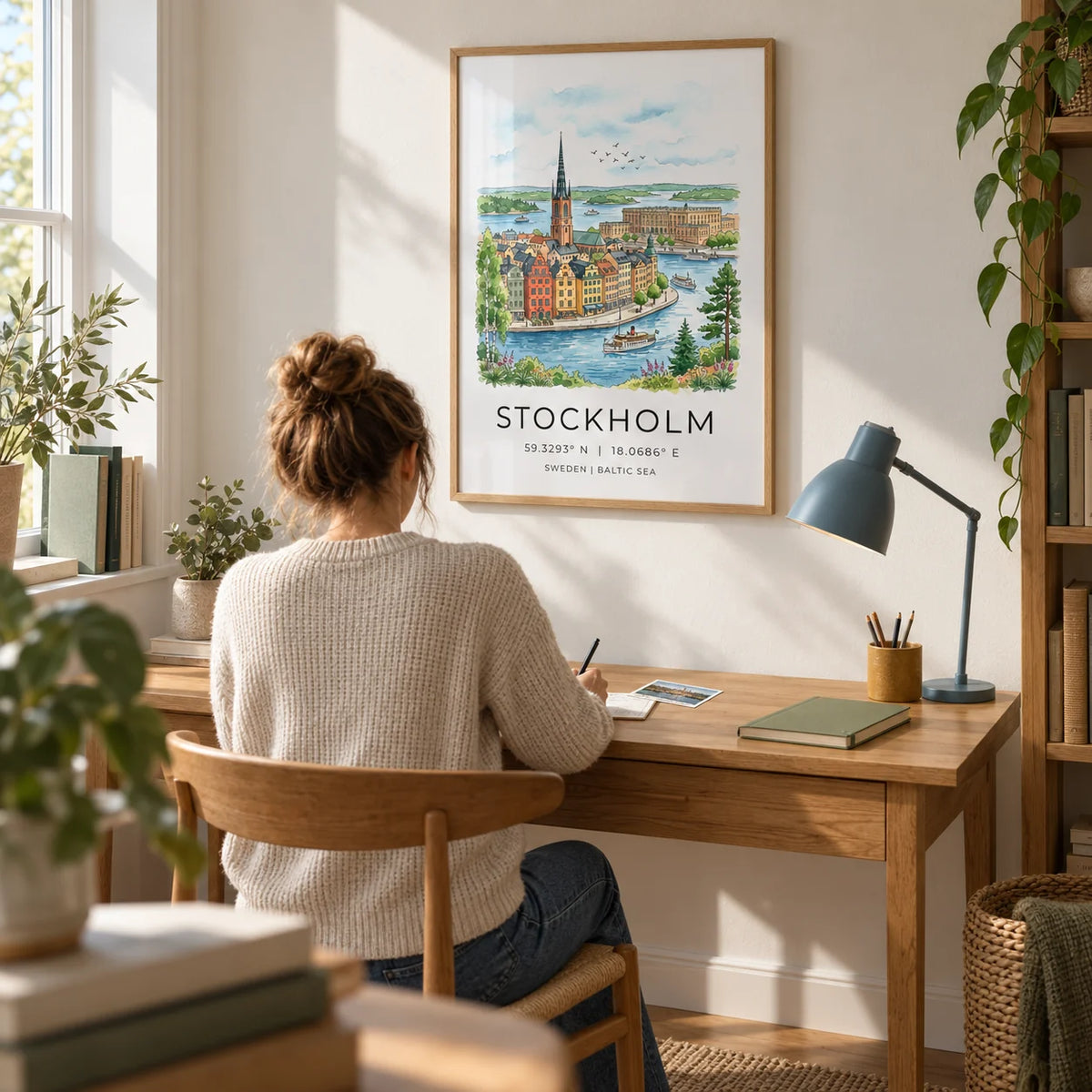 Stockholm City Art Print, framed on the wall of a quiet home study for a travel-loving adult with a chalk white wall and an oak floor