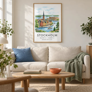 Stockholm City Art Print, framed on the wall of a relaxed Scandi living room in a UK city flat with a warm white wall and pale timber floor