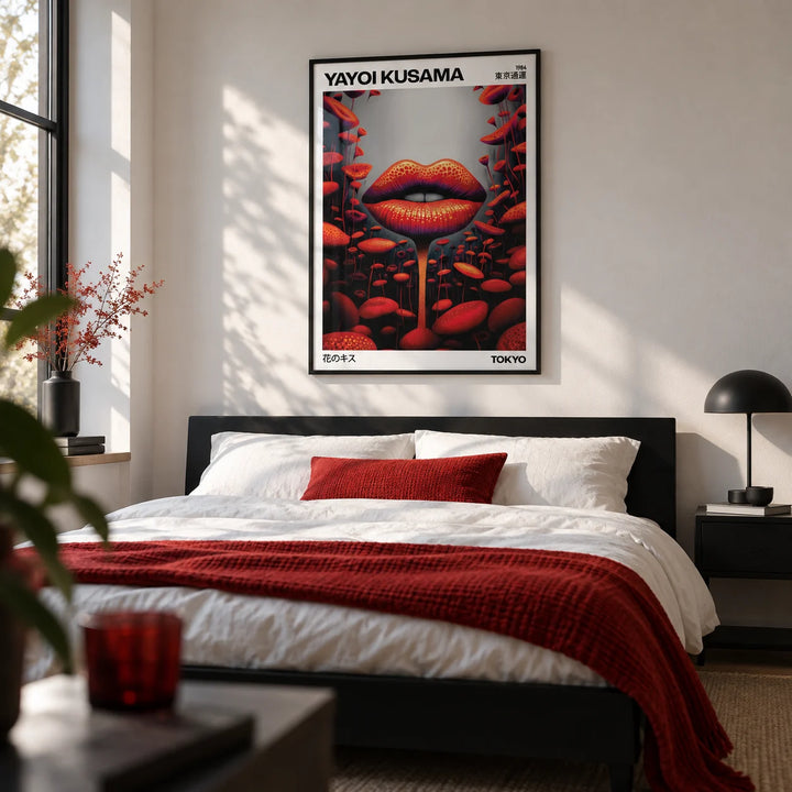 Strange Wall Art, framed on the wall of a bold monochrome bedroom with a white wall