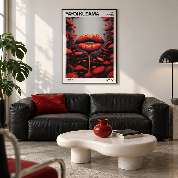 Strange Wall Art, framed on the wall of a design-led city flat living room with a white wall and a polished concrete floor