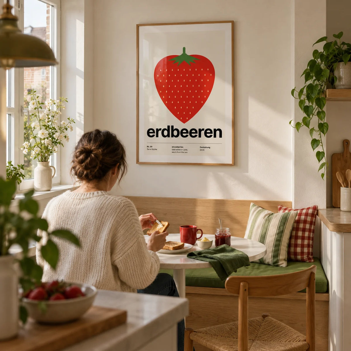 Strawberry Print, framed on the wall of a bright kitchen breakfast nook in a compact UK home with a warm white wall and a built-in oak bench