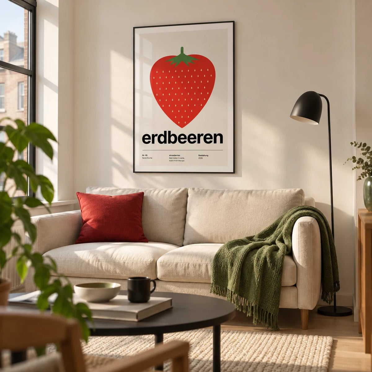Strawberry Print, framed on the wall of a modern living room in a UK city flat with warm white walls