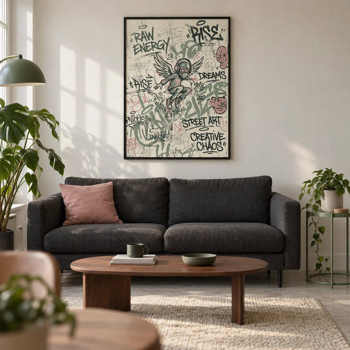 Street Art Poster, framed on the wall of a modern living room in a UK first flat for a creative adult (22-30)