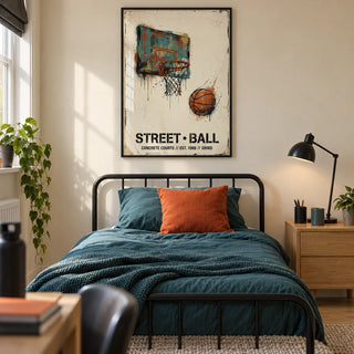 Street Basketball Art Print, framed on the wall of a modern basketball-loving teenager's single bedroom (13-17) in a UK terraced home with a warm cream wall and pale timber floor