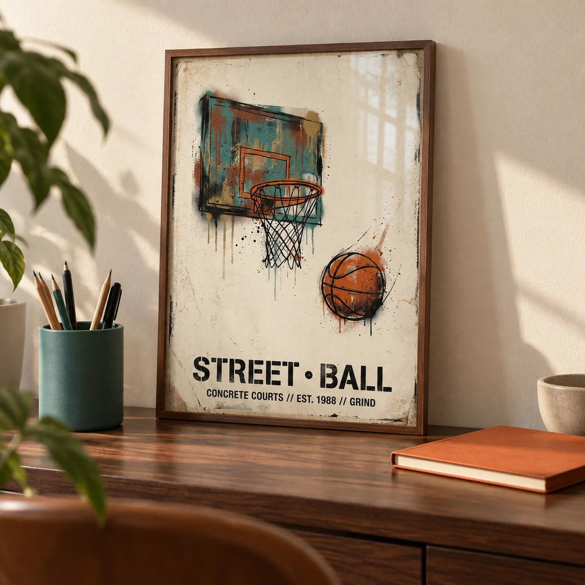 Street Basketball Art Print, a small A4 framed print leaning on a walnut desk