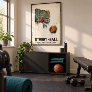 Street Basketball Art Print, framed on the wall of a small home gym in a converted UK spare room with warm white walls and plain dark rubber flooring