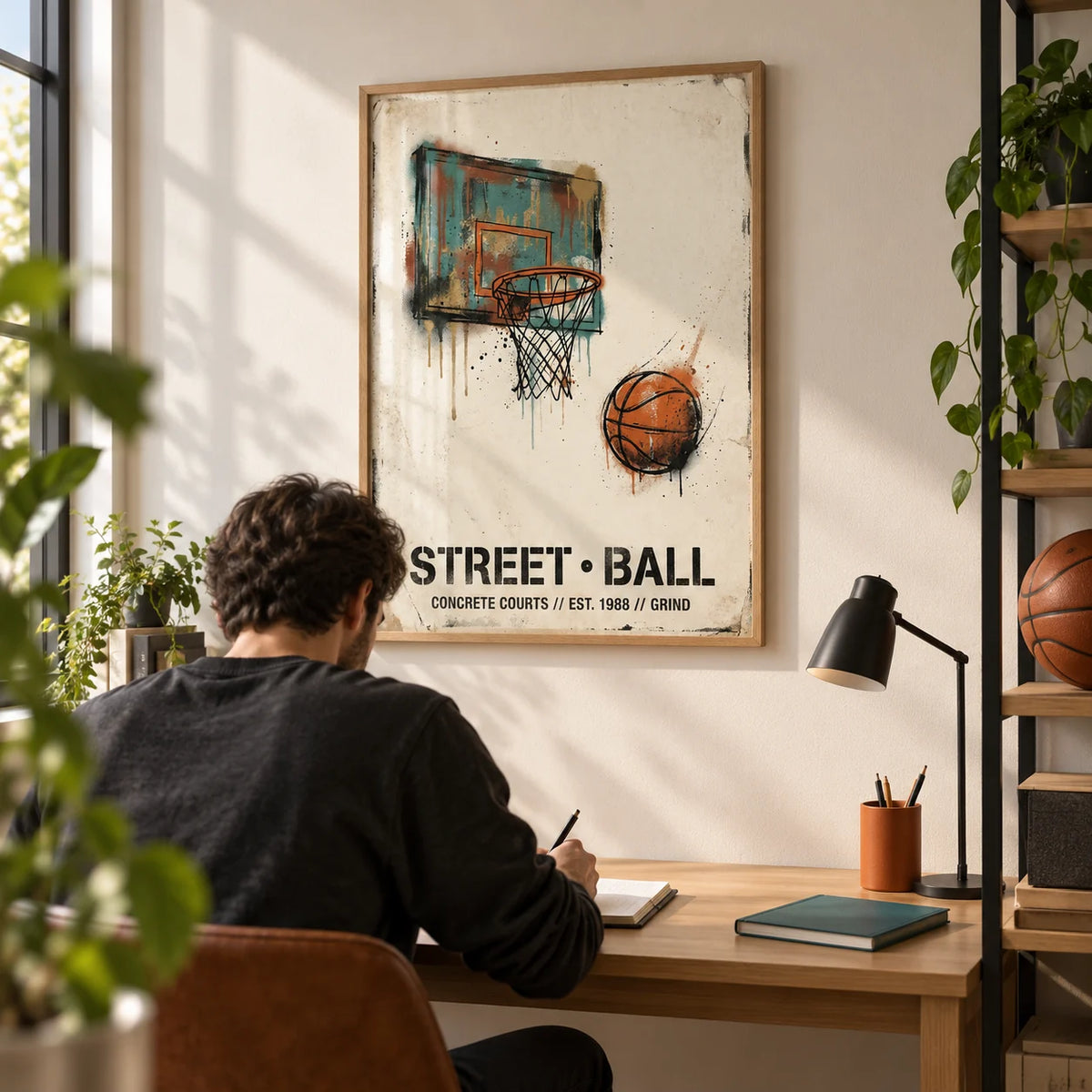 Street Basketball Art Print, framed on the wall of a young adult basketball fan's home study (22-35) with a cream wall and a simple oak desk