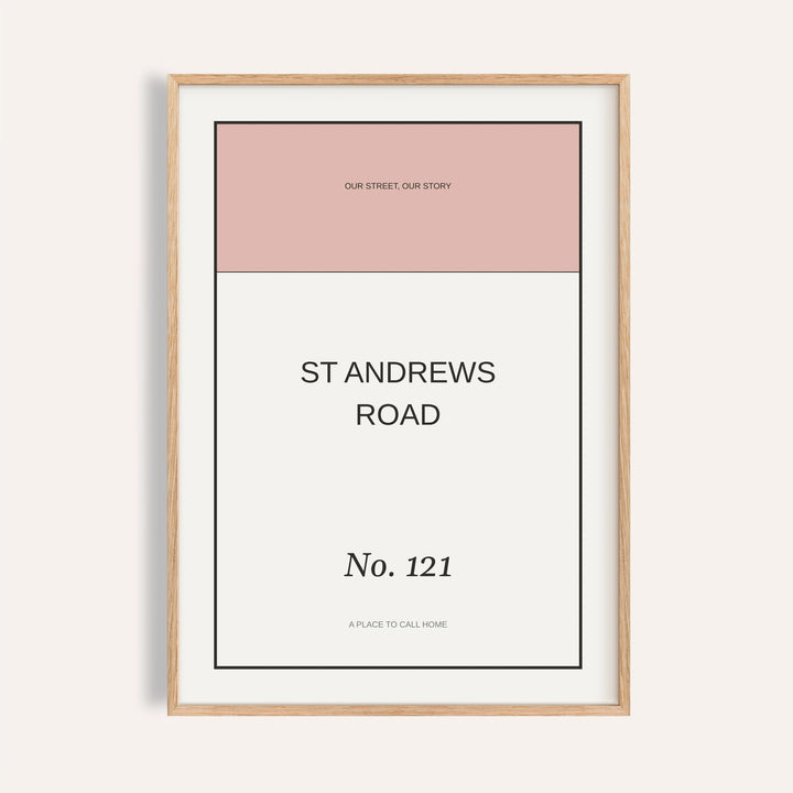 Street Name Poster personalised print, shown framed in natural wood