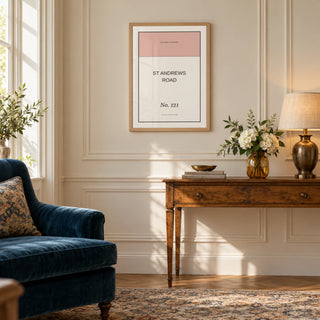Street Name Poster in a townhouse sitting room, natural wood frame
