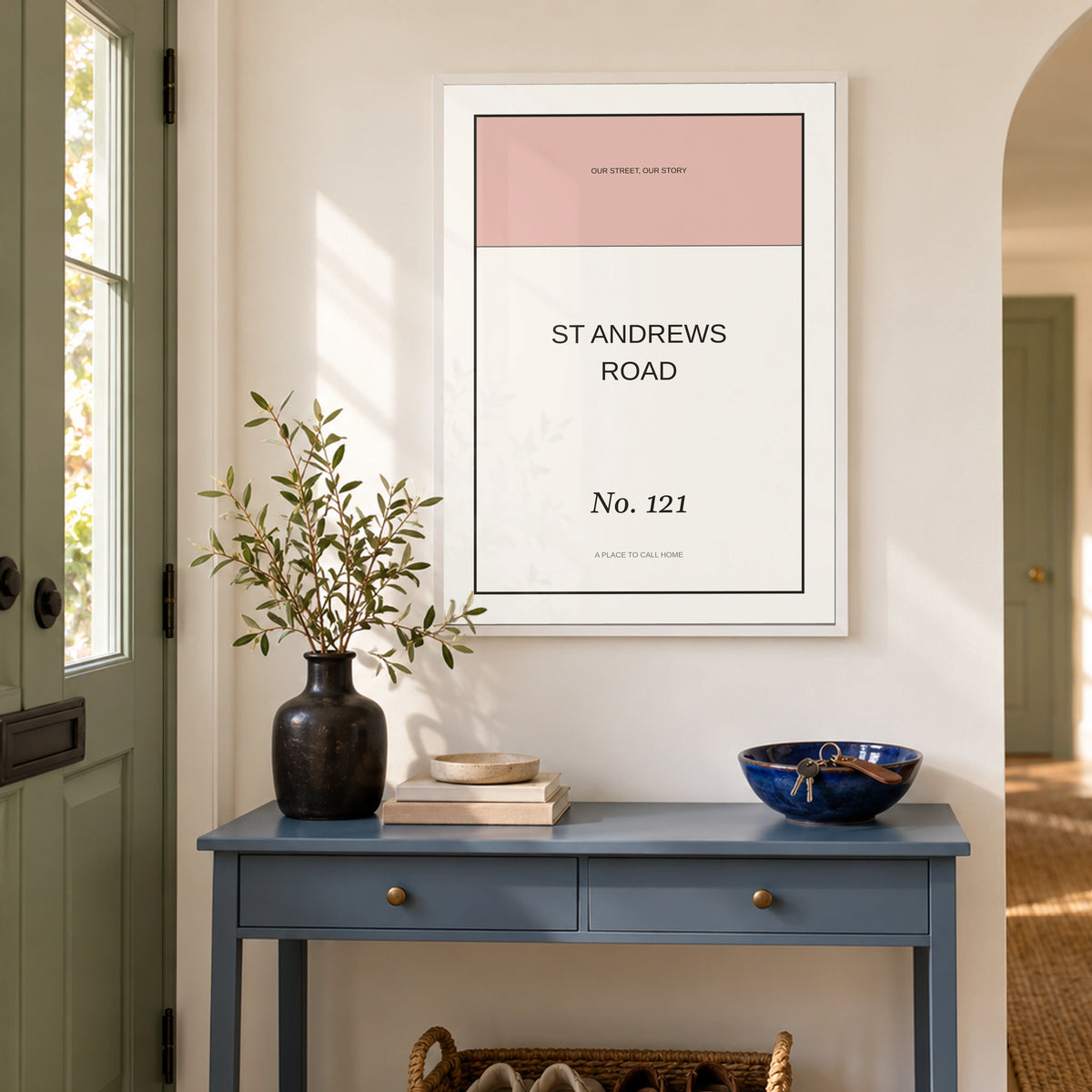 Street Name Poster in a bright entrance hallway, white frame