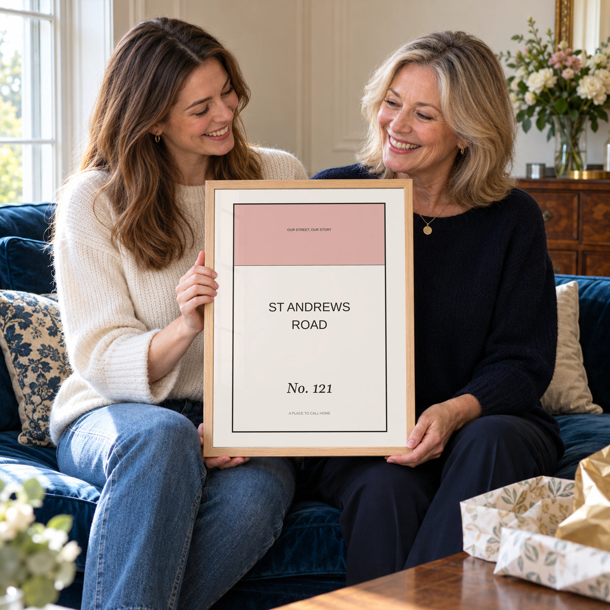 Street Name Poster in a family gifting moment, natural wood frame