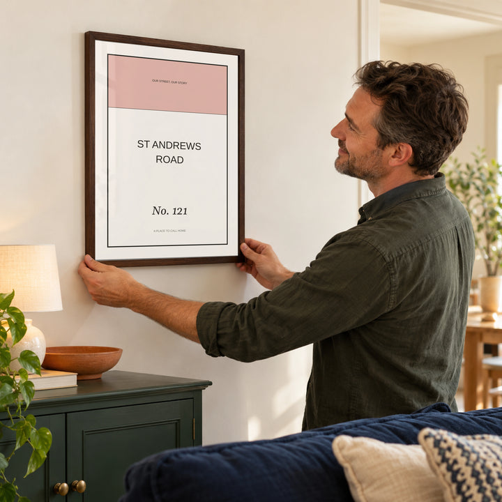 Street Name Poster in a placing the print at home, dark wood frame