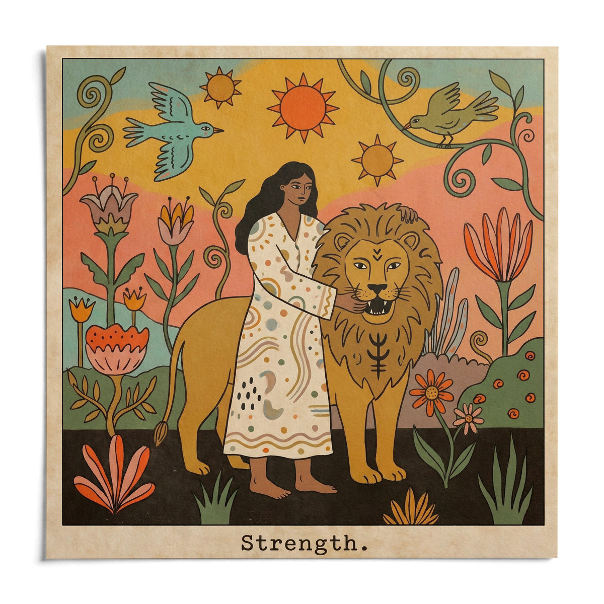Strength Tarot Card Art, shown as an unframed paper print on a plain white background