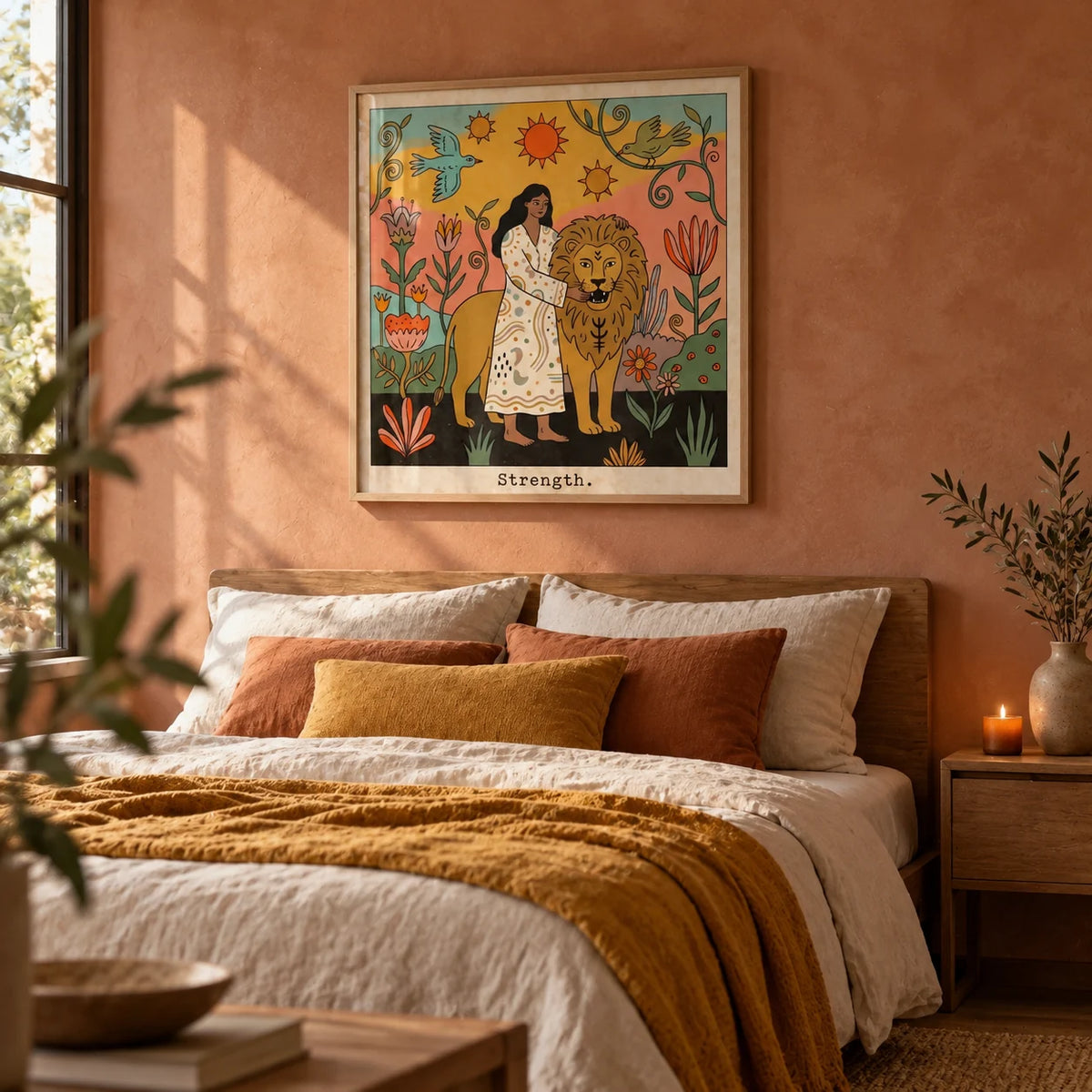 Strength Tarot Card Art, framed on the wall of a warm bedroom with terracotta limewashed plaster