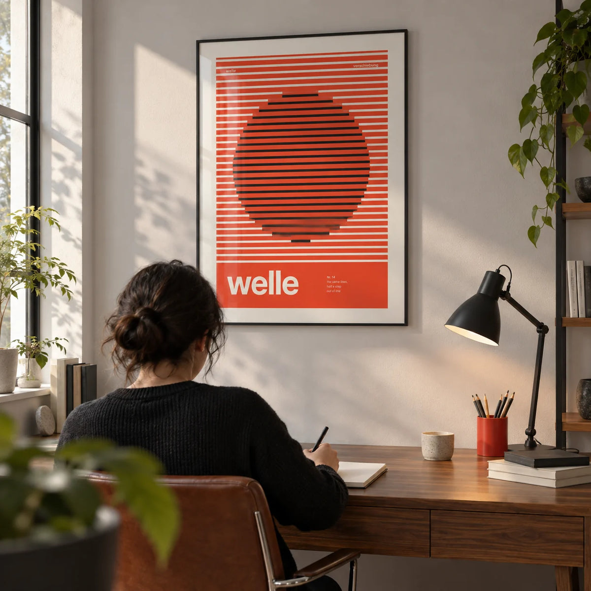 Stripe Print, framed on the wall of a compact home design studio with a pale grey wall and a walnut desk