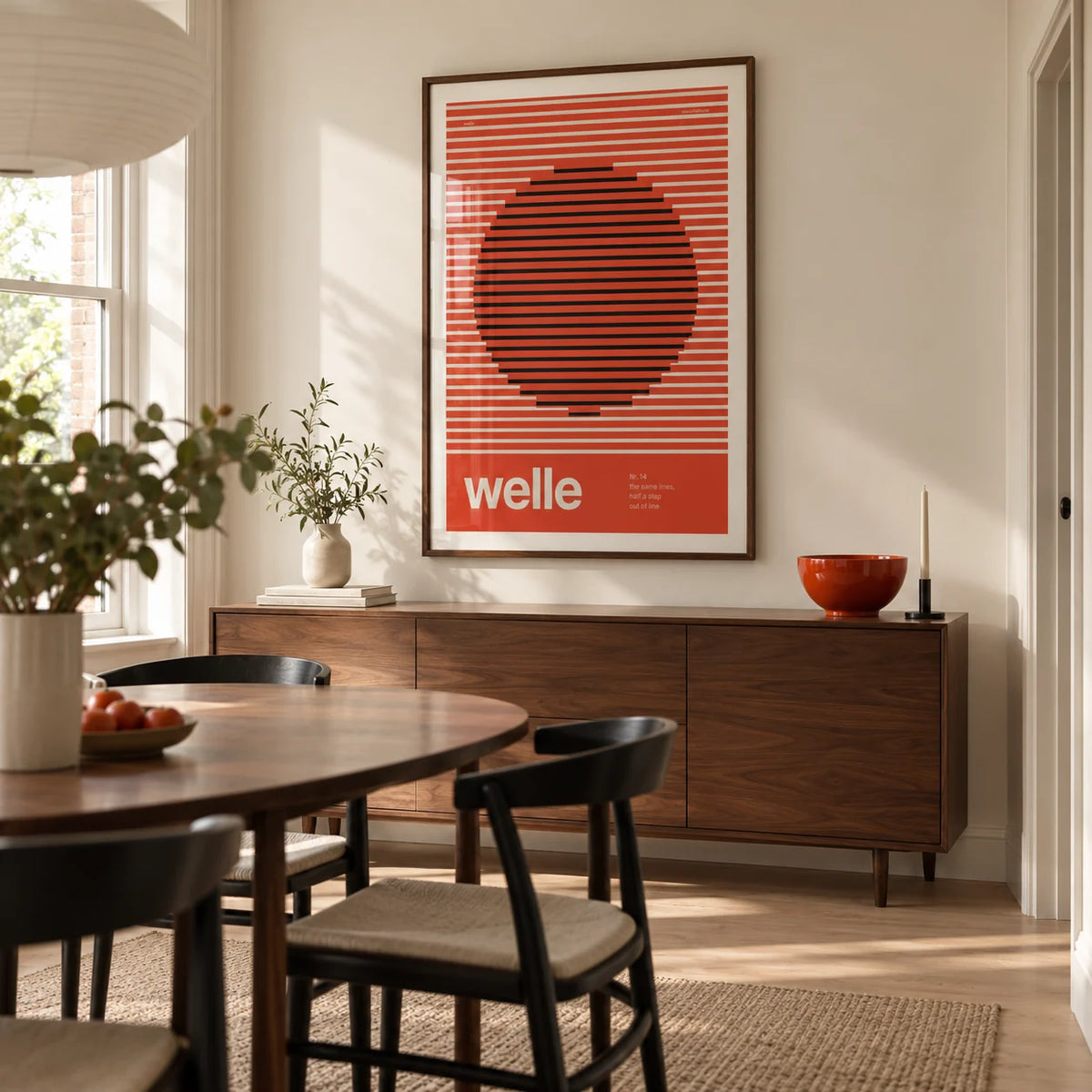 Stripe Print, framed on the wall of a crisp modern dining room in a renovated UK terrace with cream walls and pale timber flooring