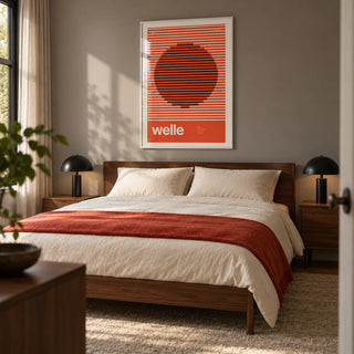 Stripe Print, framed on the wall of a modern double bedroom for a design-conscious couple with a warm grey wall and walnut furniture