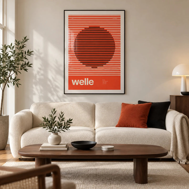 Stripe Print, framed on the wall of a modern living room in a UK city flat with warm white walls