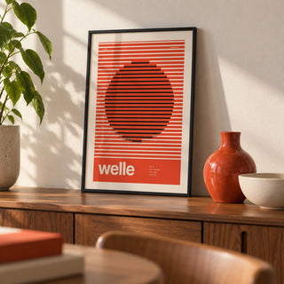 Stripe Print, a small A4 framed print leaning on a walnut sideboard in a living room