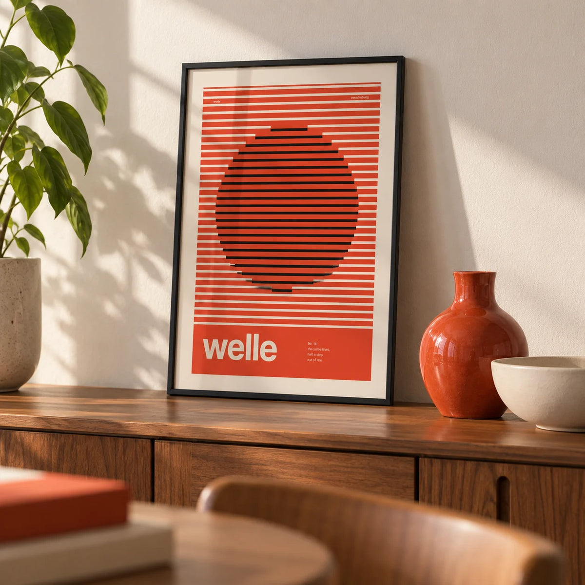 Stripe Print, a small A4 framed print leaning on a walnut sideboard in a living room
