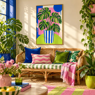 Striped Pot Monstera Print, framed on the wall of a bright sunroom