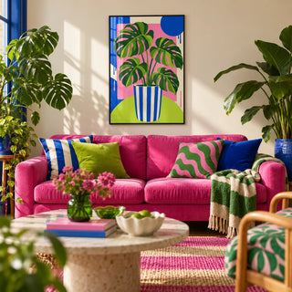 Striped Pot Monstera Print, framed on the wall of a colourful plant-filled living room