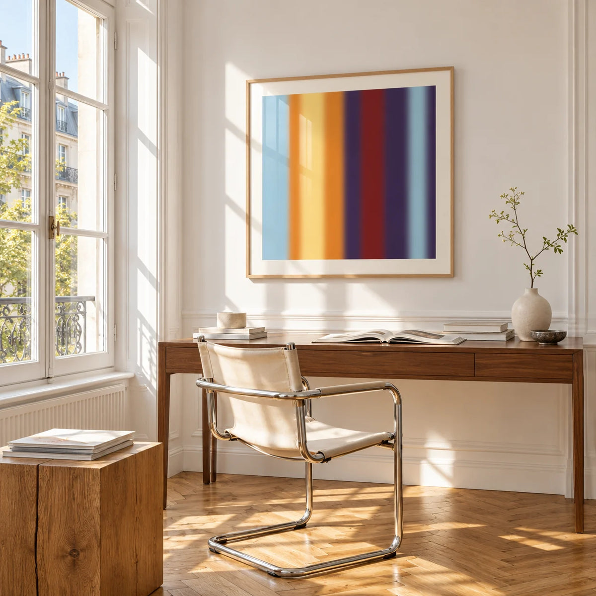 Striped Print, framed on the wall of a bright study corner with a tall white paned window