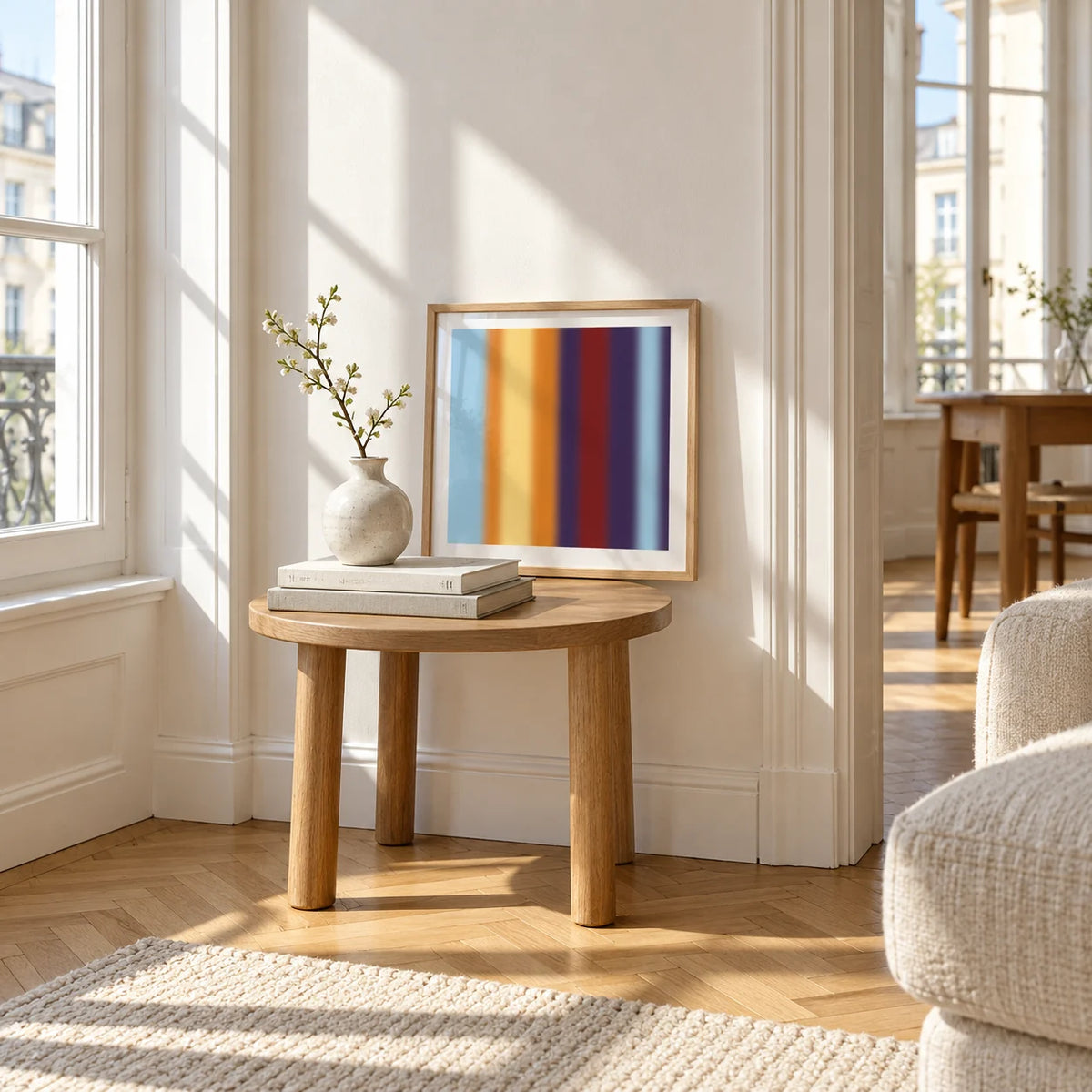 Striped Print, a small square framed print leaning on a small solid oak side table
