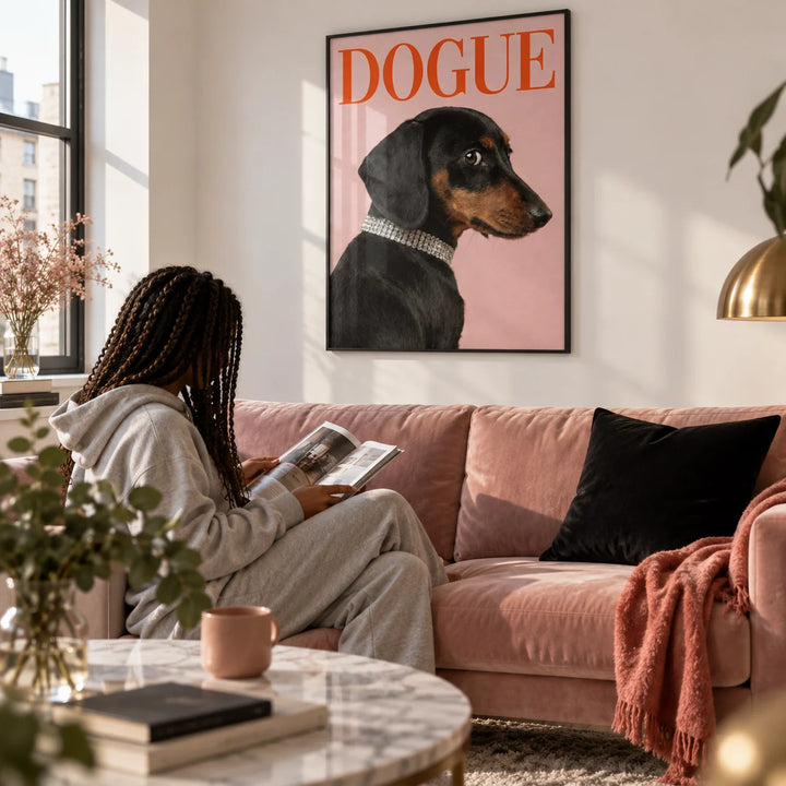 Stylish Pet Wall Art, framed on the wall of a chic city flat living room with a white wall