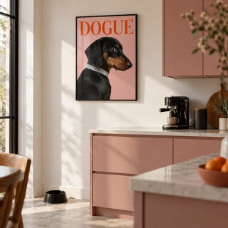 Stylish Pet Wall Art, framed on the wall of a modern kitchen with a white wall and dusty pink cabinets