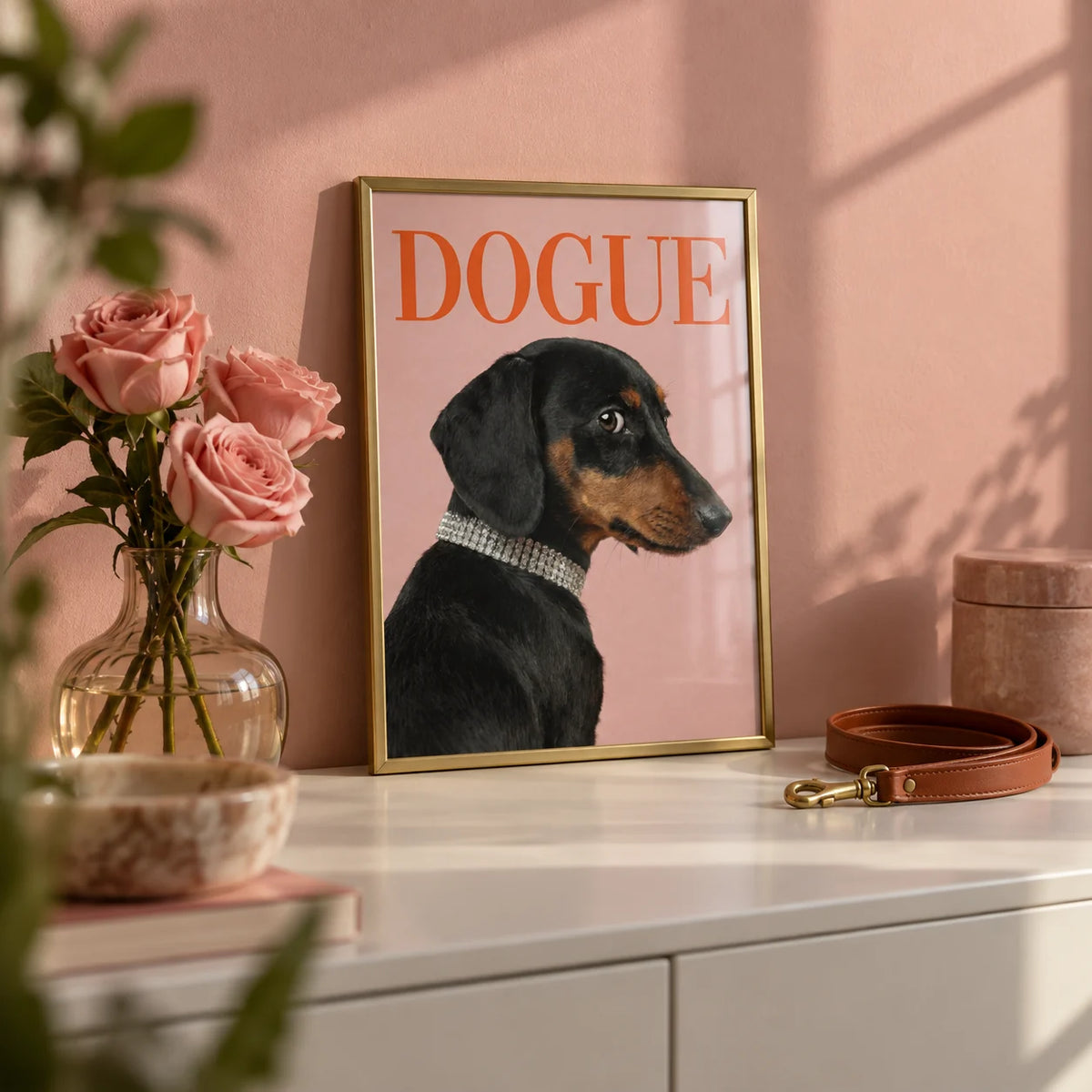 Stylish Pet Wall Art, a small A4 framed print leaning on a white sideboard in a living room