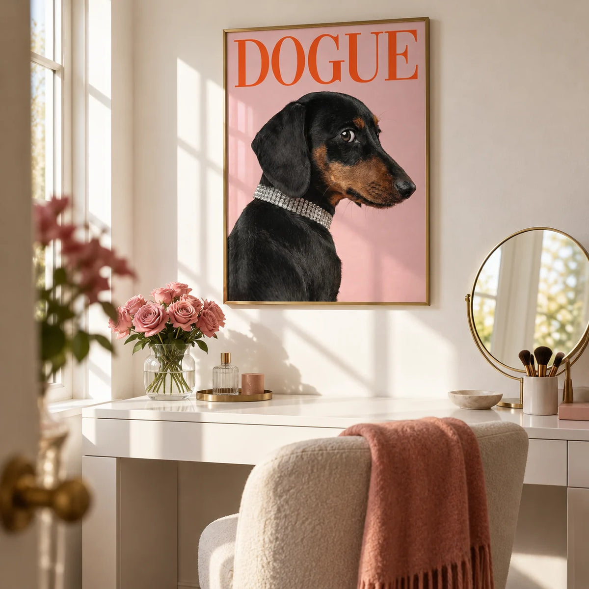Stylish Pet Wall Art, framed on the wall of a stylish dressing area with a soft white wall