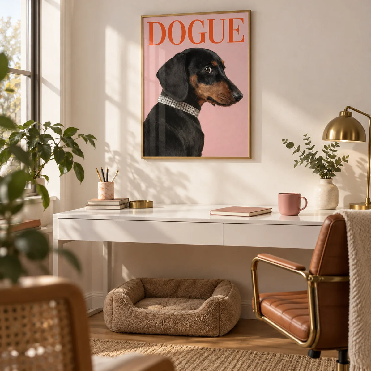 Stylish Pet Wall Art, framed on the wall of a stylish home office with a warm white wall