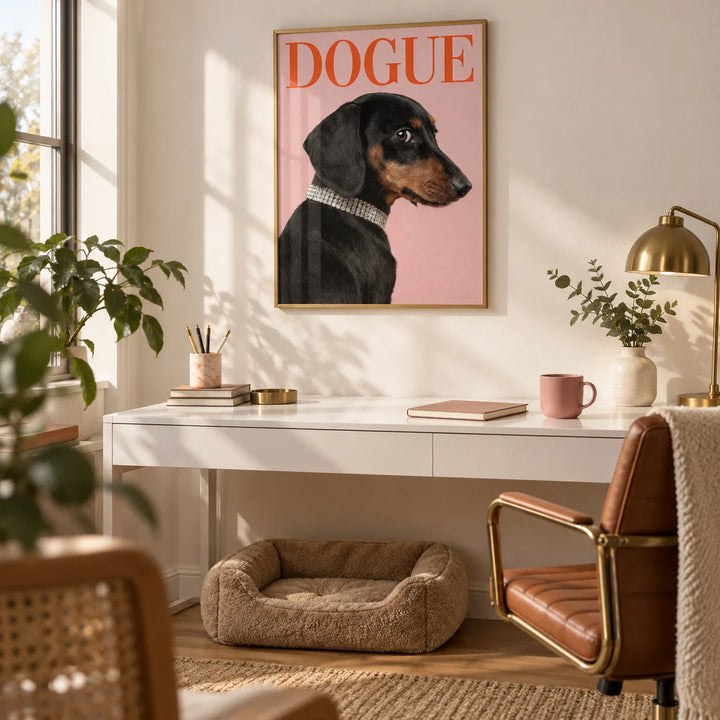 Stylish Pet Wall Art, framed on the wall of a stylish home office with a warm white wall