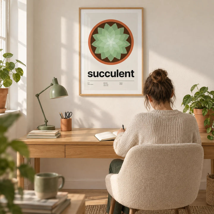 Succulent Print, framed on the wall of a bright home office in a UK first flat (22-28)